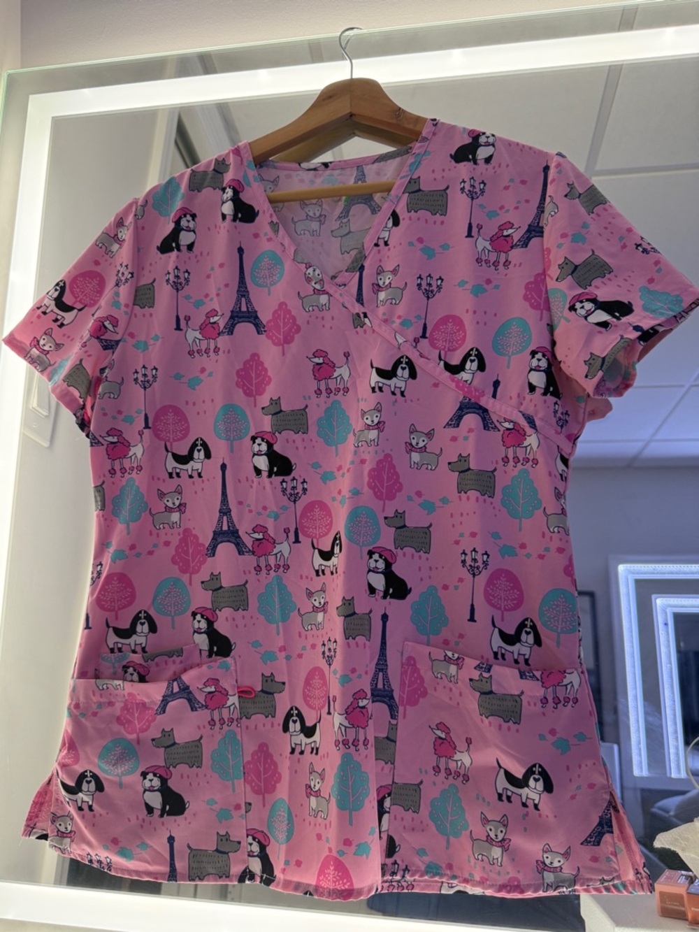 Pink Parisian Dogs Print Scrub Top